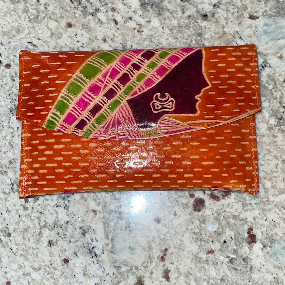 Kenyan Artist Leather Clutch, Wallet 2 Pc Set
